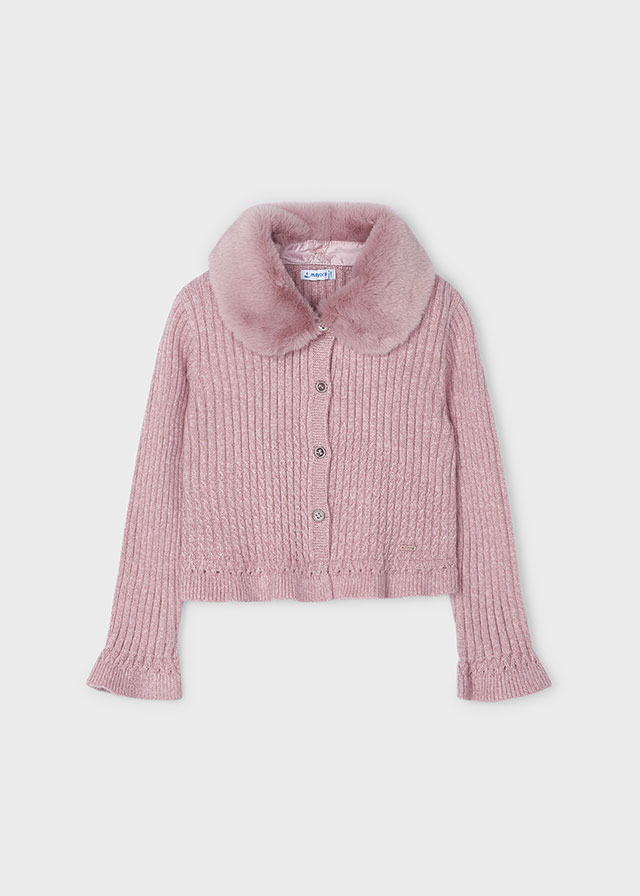 Dievčenský sveter pletený s kožušinovým golierom - Tricot Cardigan with Fur Collar